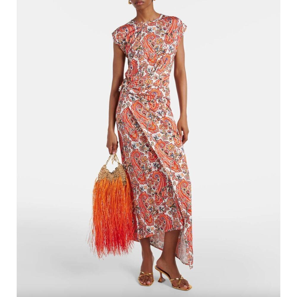 Rabanne Gathered Paisley Asymmetrical Hem Jersey Draped Midi Dress • Sz 36/4 ⬇️